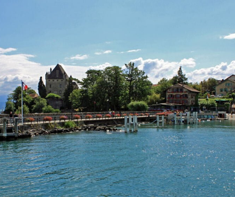 Lake Geneva Yvoire castle and Restaurant du Port