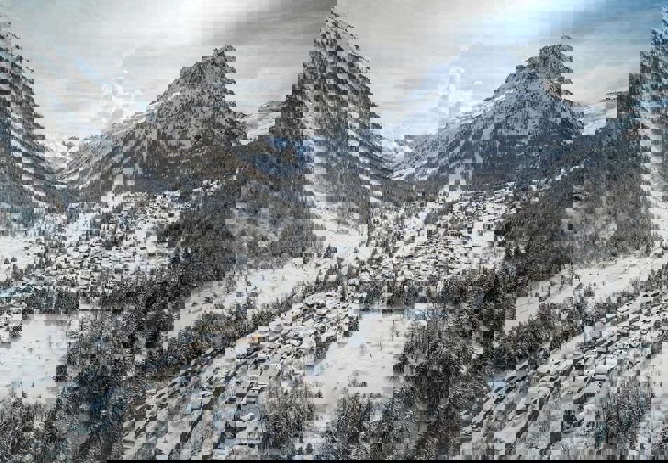 Aerial view of Vallorcine in Winter