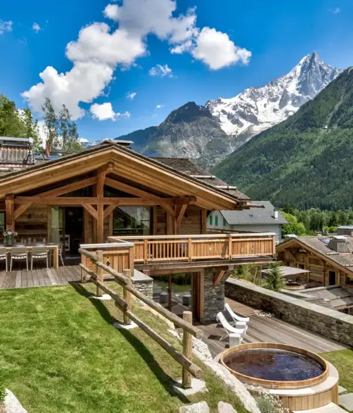 Chalet Azurite, Chamonix (self catered chalet) - Exterior shot in summer with private outdoor hot tub (©A.Jonhston)